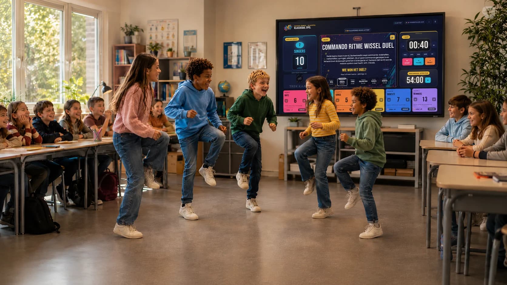 Kinderen spelen een duel uit het LEVELS klassikaal spel voor het digibord, met de teamstanden ernaast