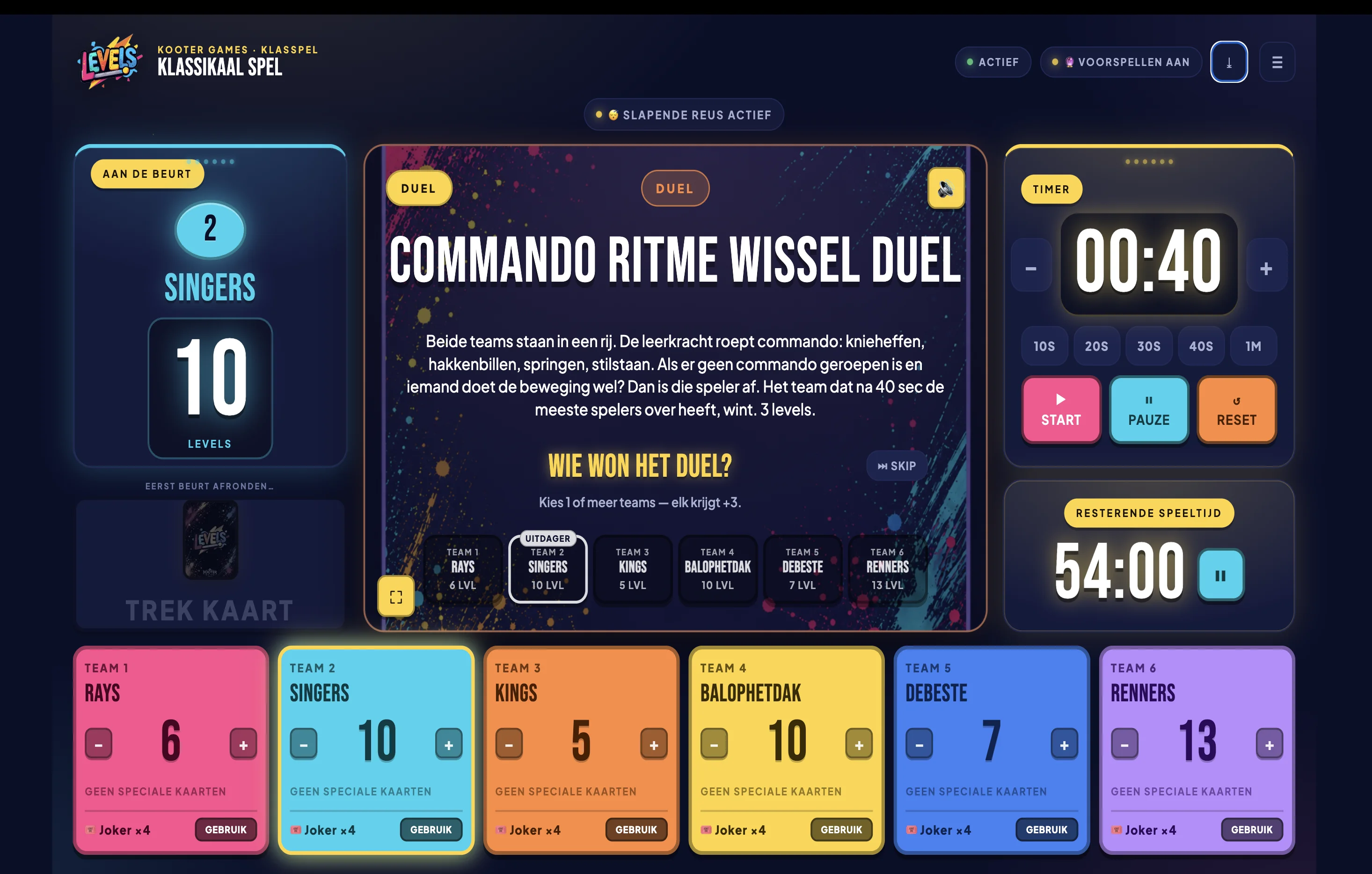 LEVELS scorebord live tijdens een klassikaal spel — 6 teams, duel-kaart 'Commando ritme wissel duel' actief, timer en resterende speeltijd