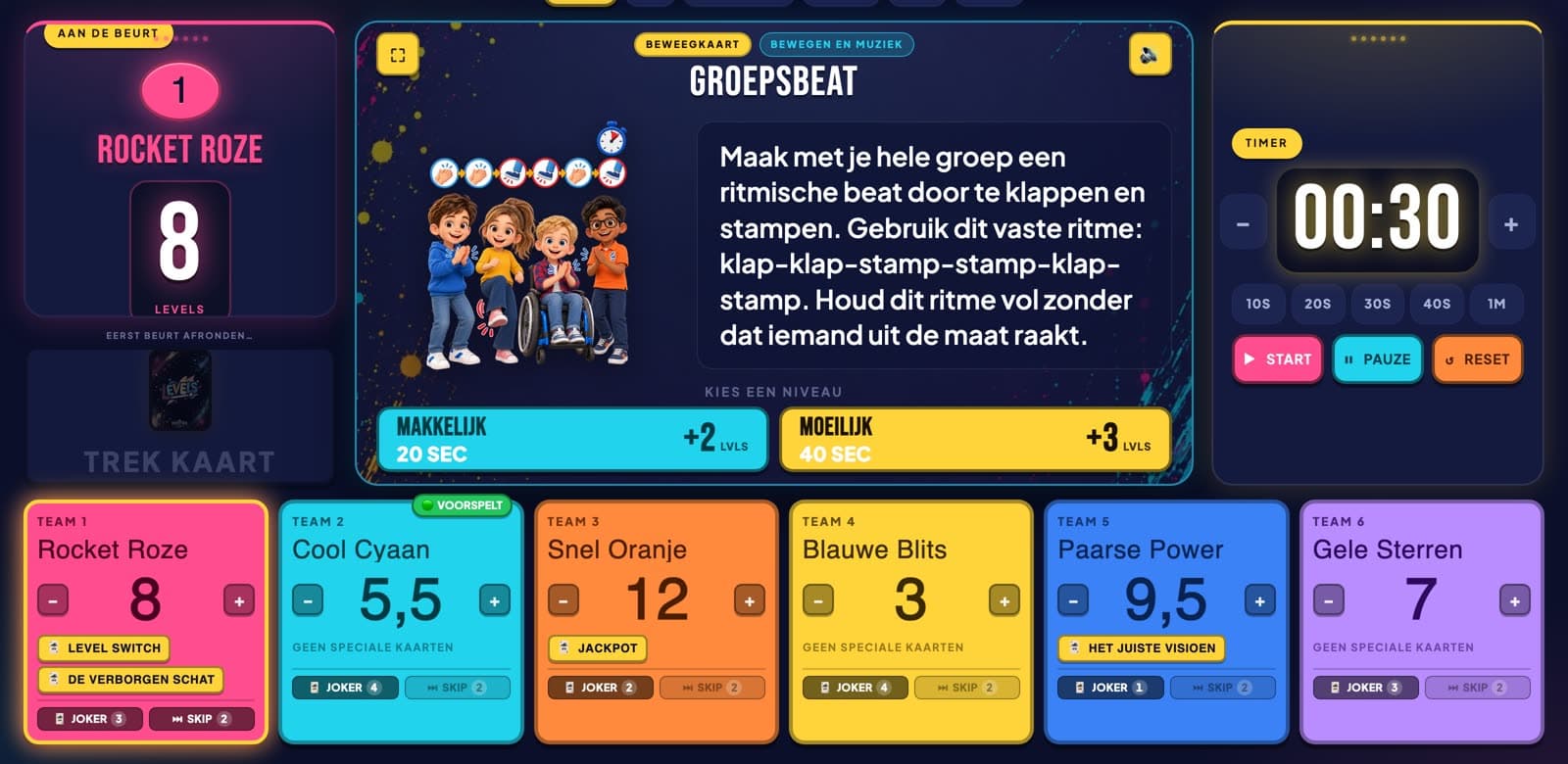 Een beweegkaart uit het hoofdspel op het digibord: Groepsbeat, met de timer op 30 seconden en zes teams met hun levels